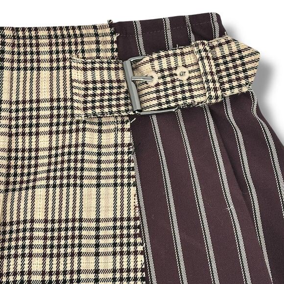 Gianni Bini GB Girls Mixed Media Faux Wrap Plaid Pleated Mini Skirt Sz 6 Brown - Picture 2 of 6